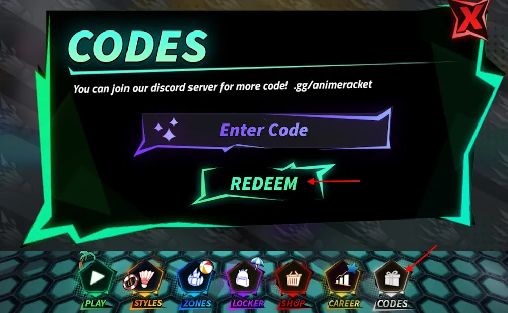 Anime Racket codes redeem